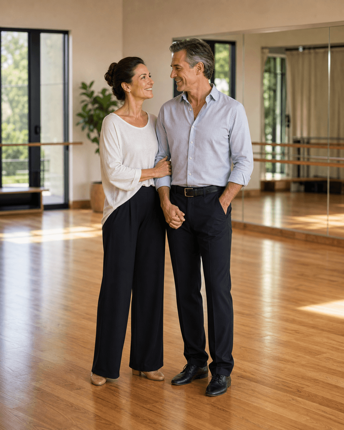 Couple practicing together in a welcoming dance studio