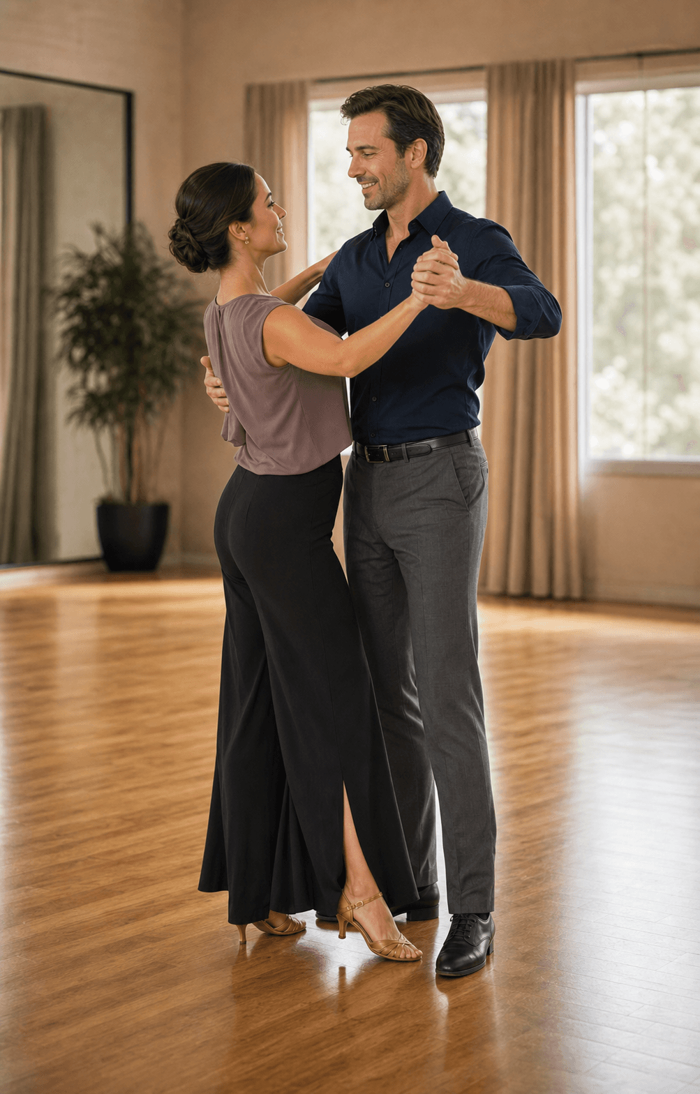 Couple practicing their wedding first dance at a studio in Katy, TX