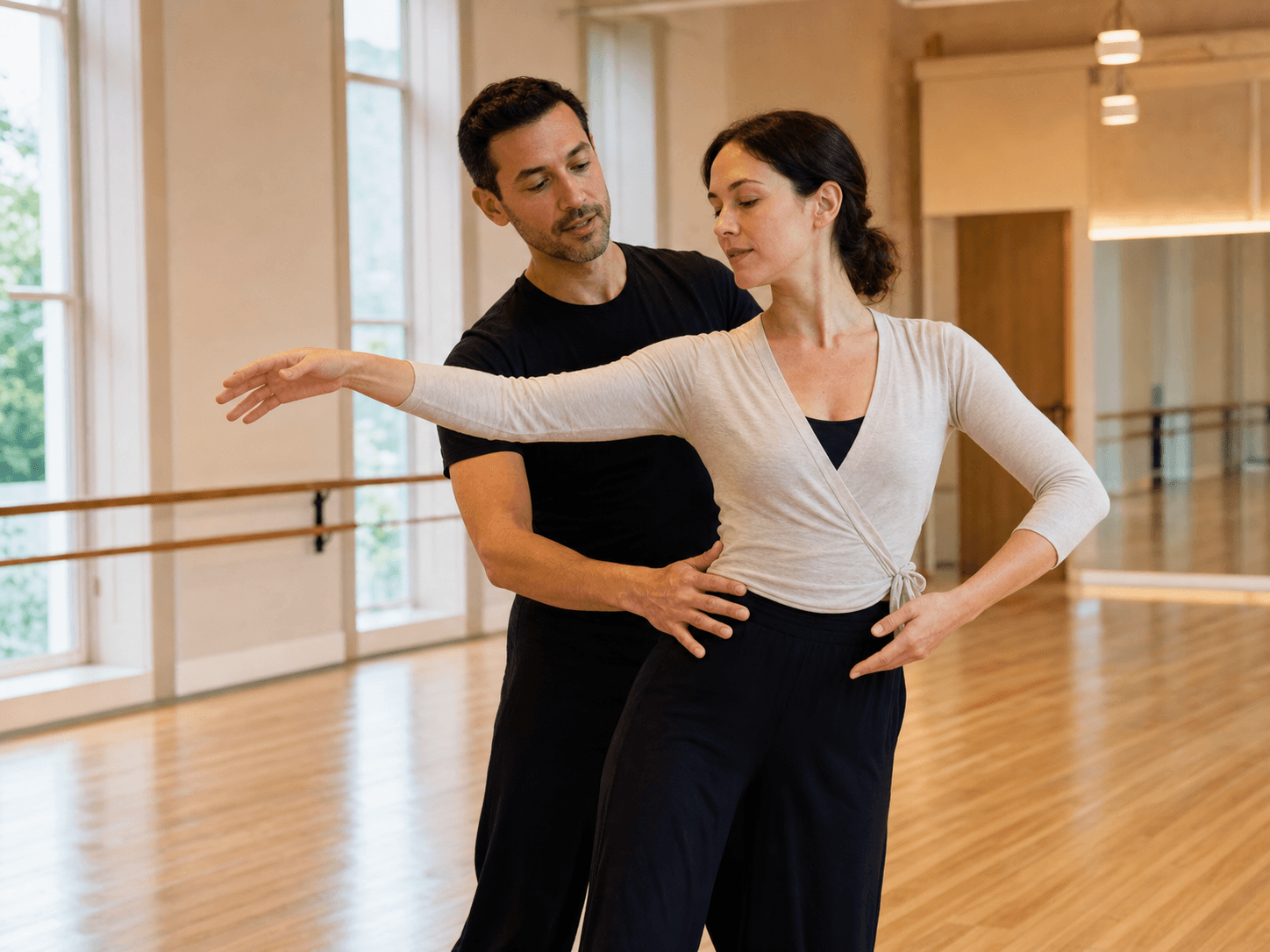 Supportive dance instructor guiding an adult beginner