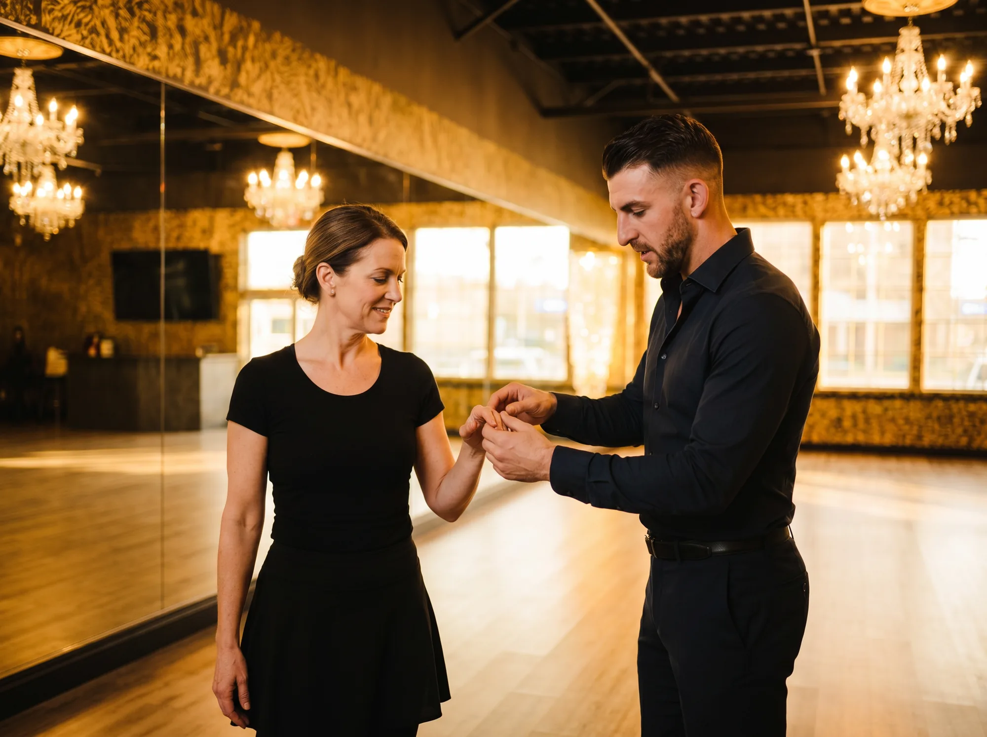 Supportive dance instructor guiding an adult beginner