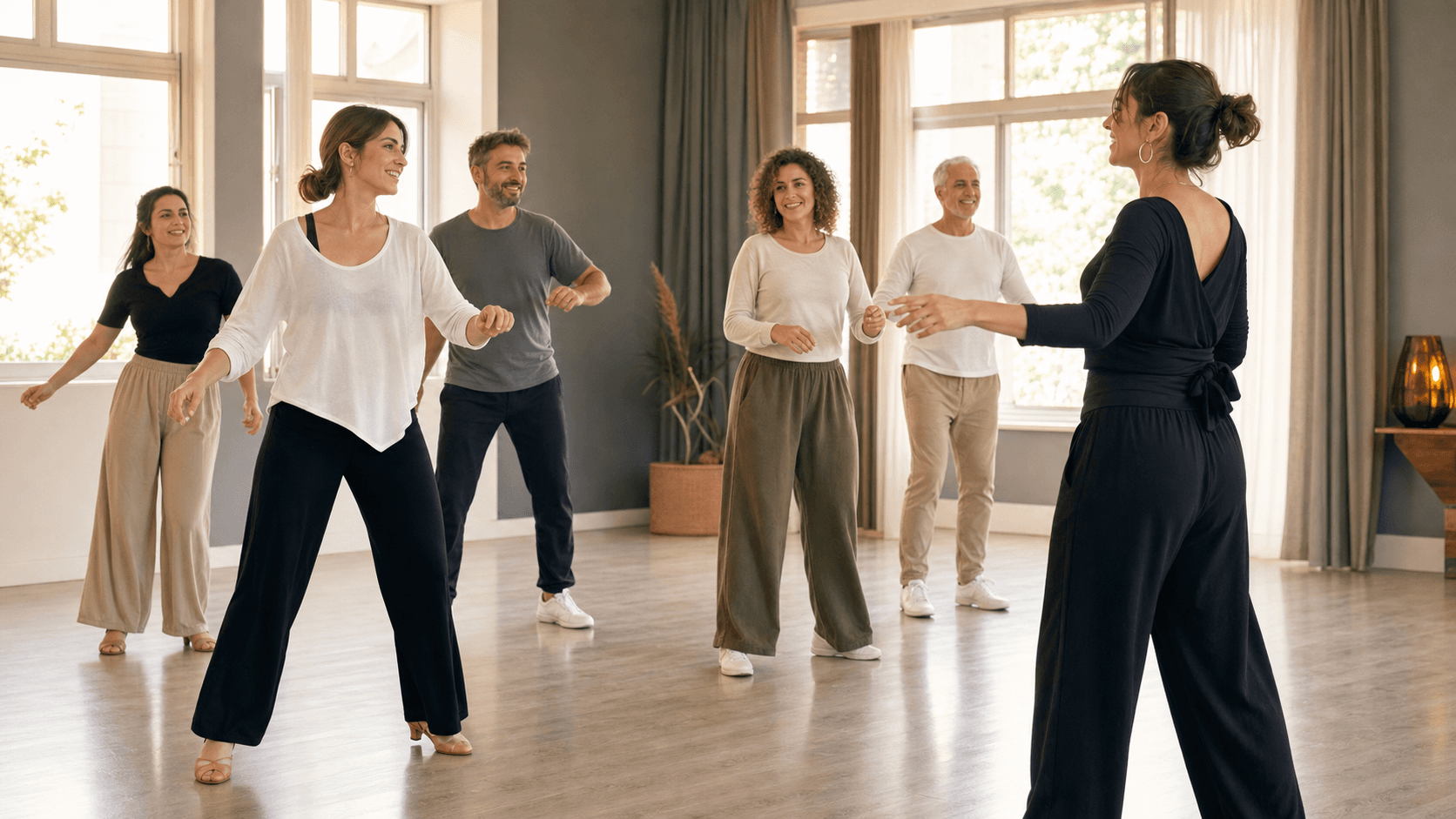 Adults learning in a group dance class at Dance Journey Studios