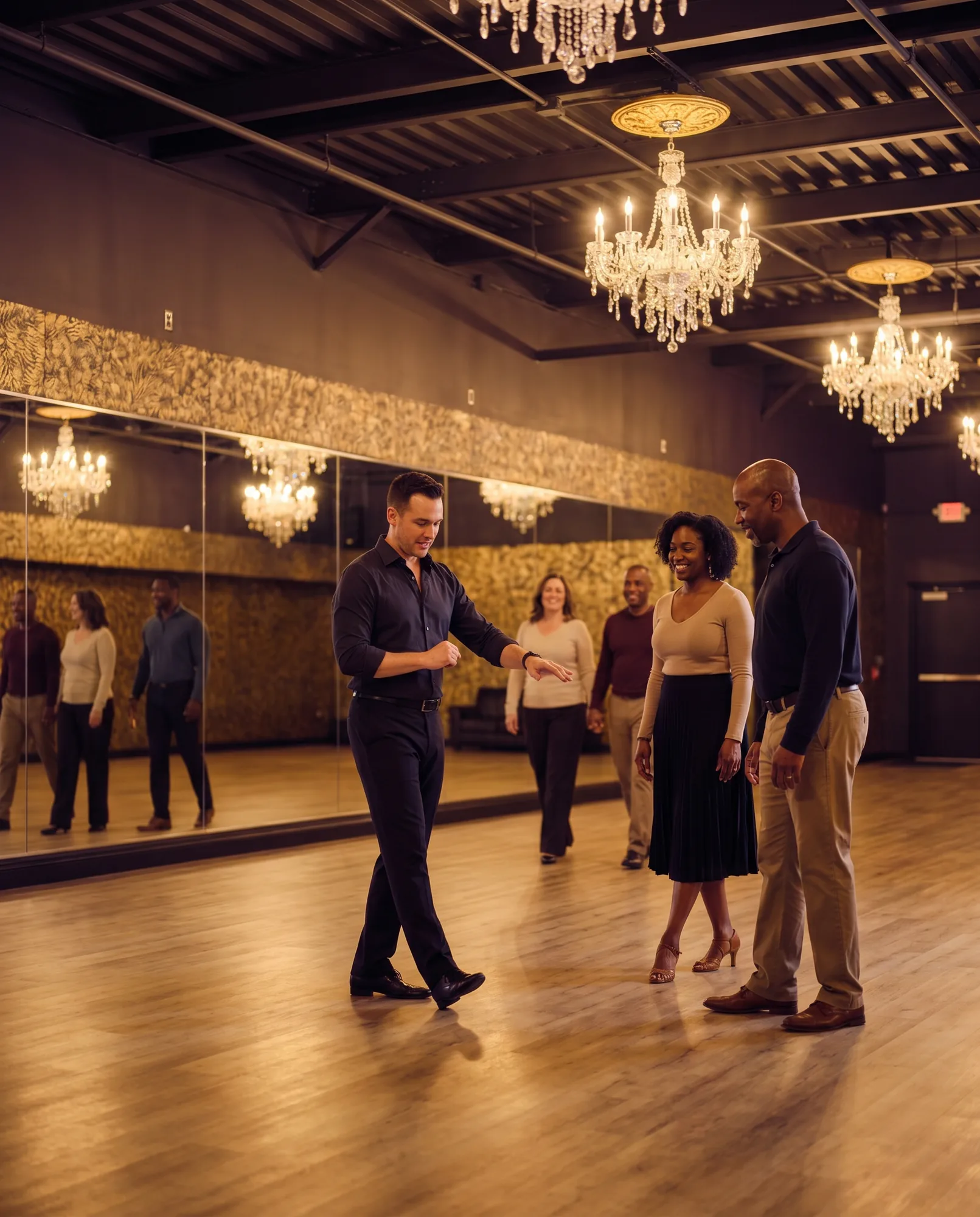 Adults practicing in a group dance class at Dance Journey Studios
