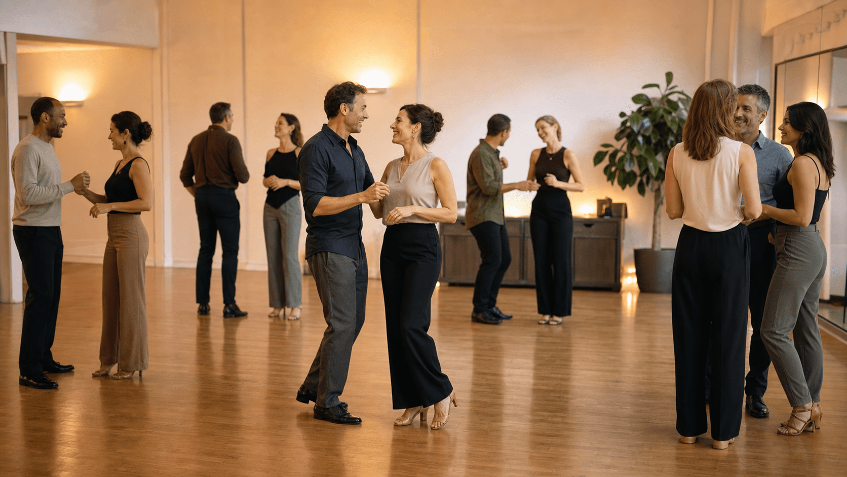 Adults practicing socially in a welcoming dance studio