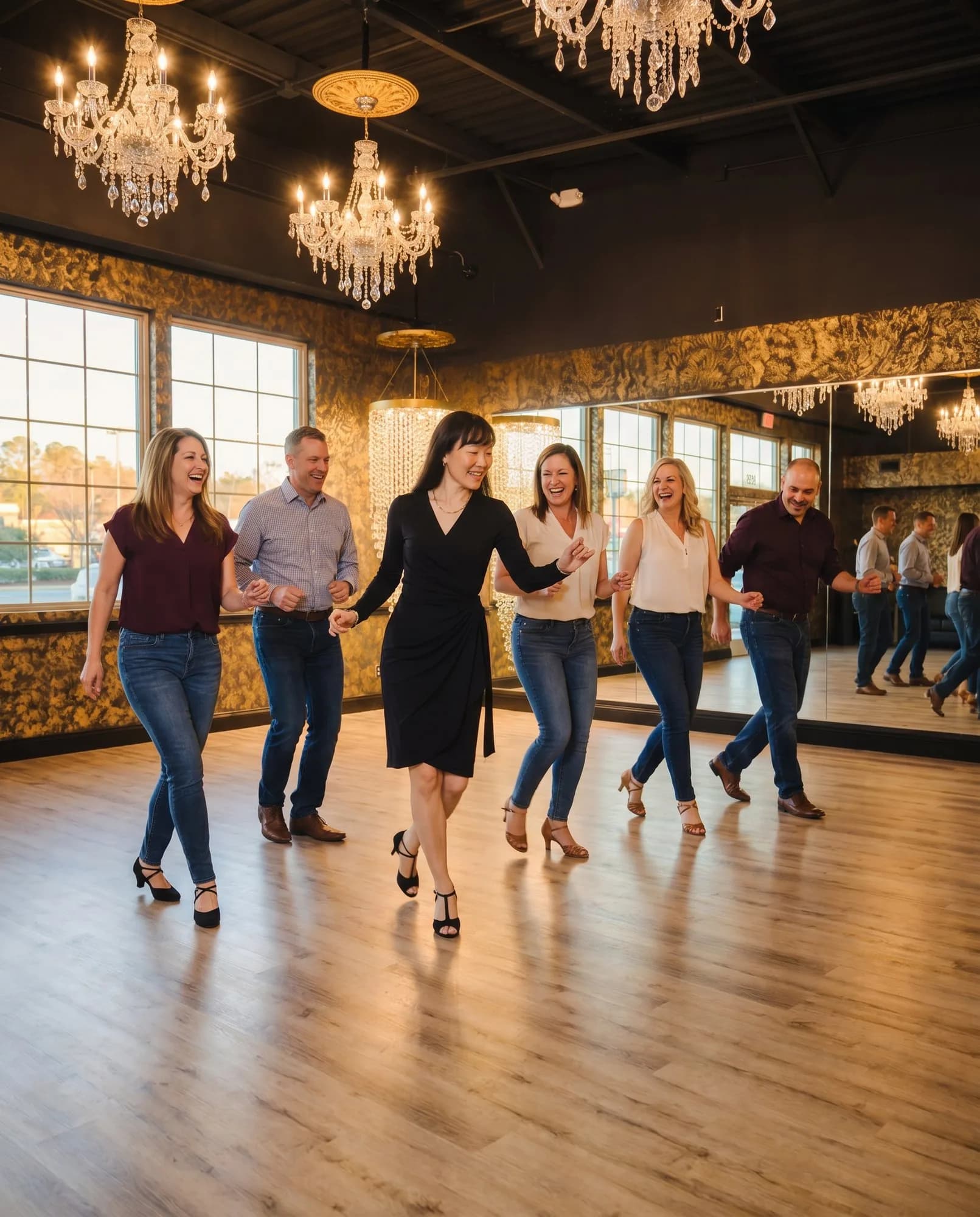 A lively group dance class at Dance Journey Studios in Katy, TX