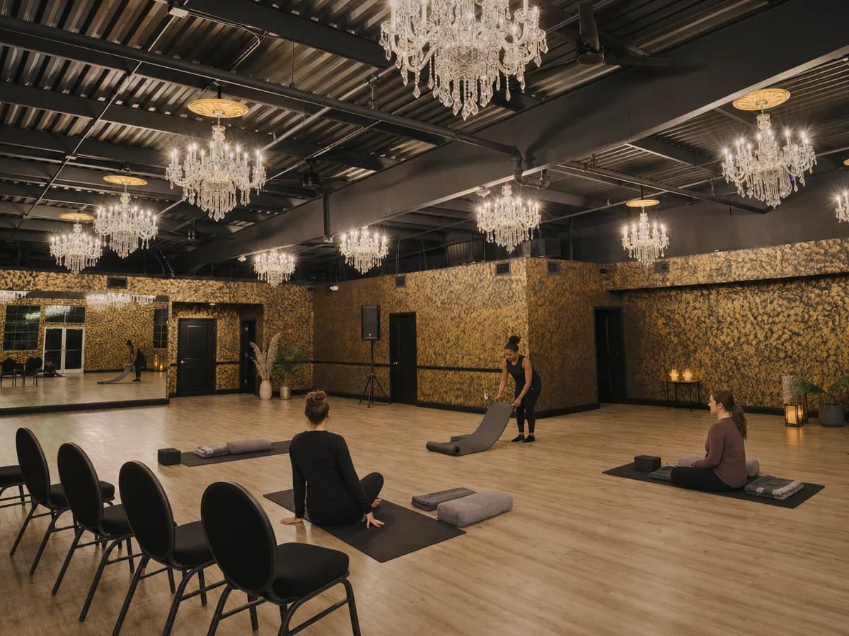 The studio set up for a workshop class with chairs and open floor space