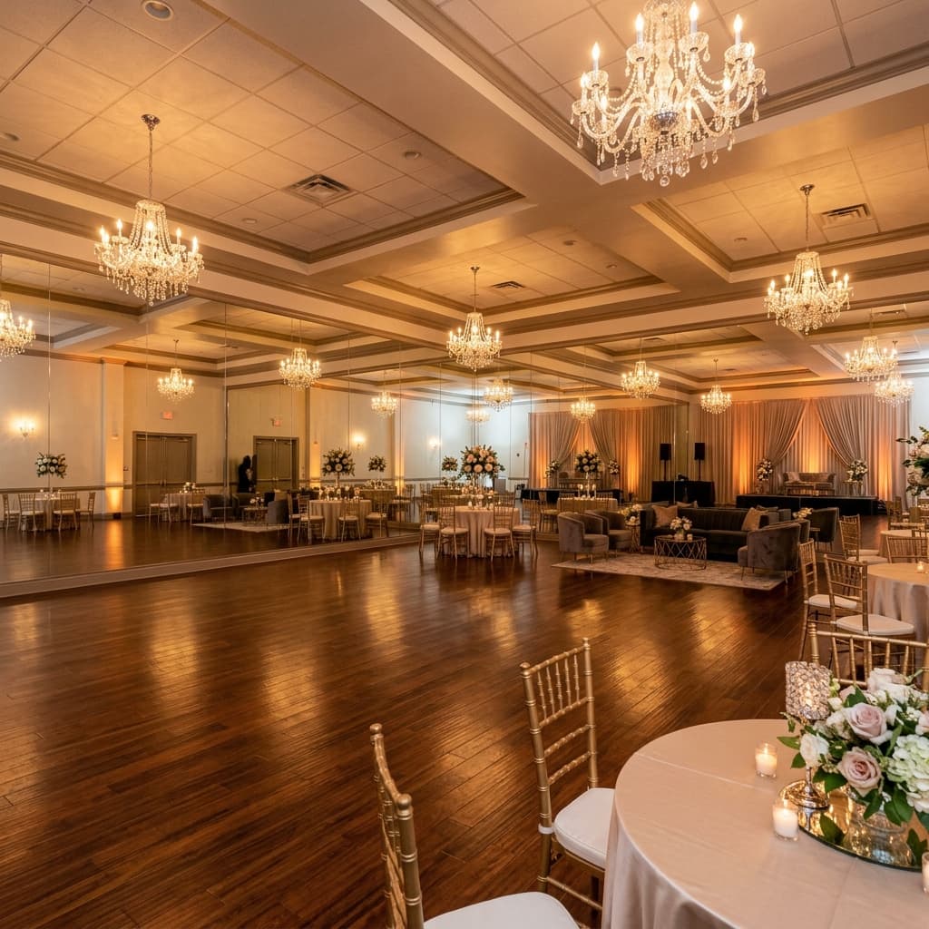 Luxury dance studio rental space with crystal chandeliers and mirrors